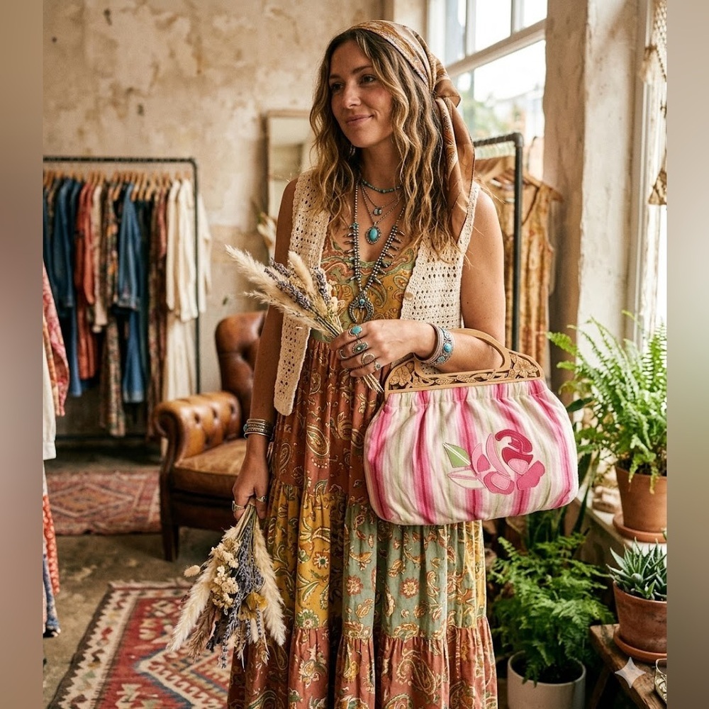 Banana Republic Floral Wood Handle Handbag Pink Green Stripe